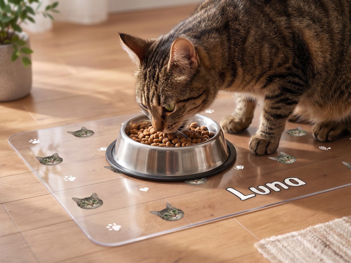 Illustrative visualisation: a tabby cat at its bowl on a clear mat with cat heads and the name Luna